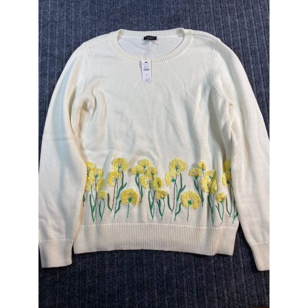 TALBOTS Sweater Women M Ivory Yellow Floral Embroidered Crewneck Cottage Spring